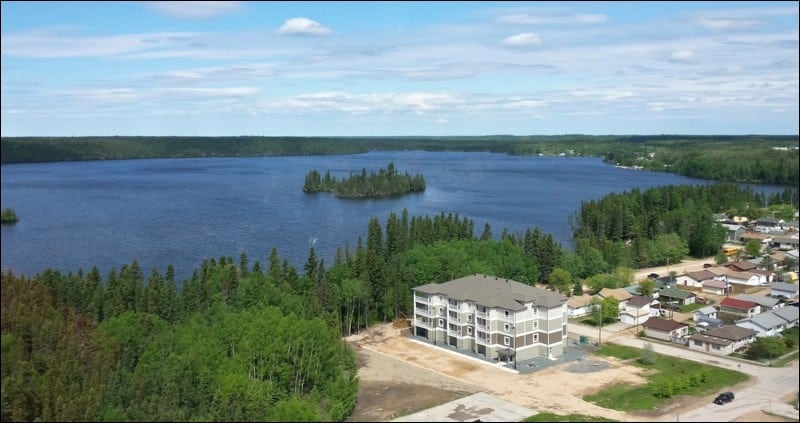 An aerial shot of Snow Lake where a lithium mine is being proposed.