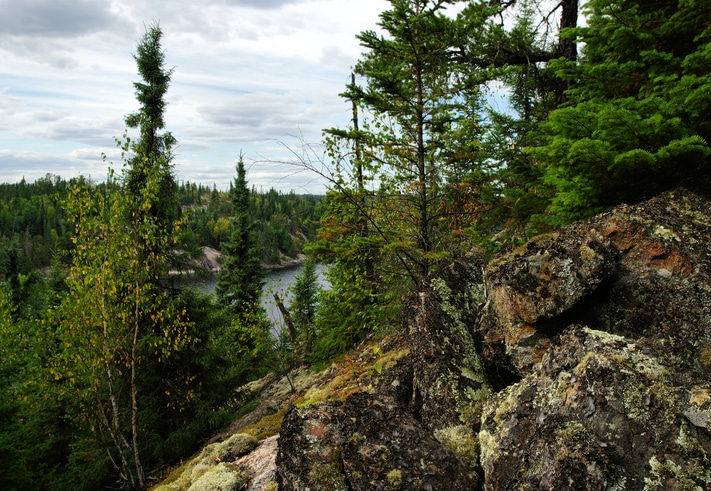 A rocky outcrop in the forest of Nopiming Provincial Park.
